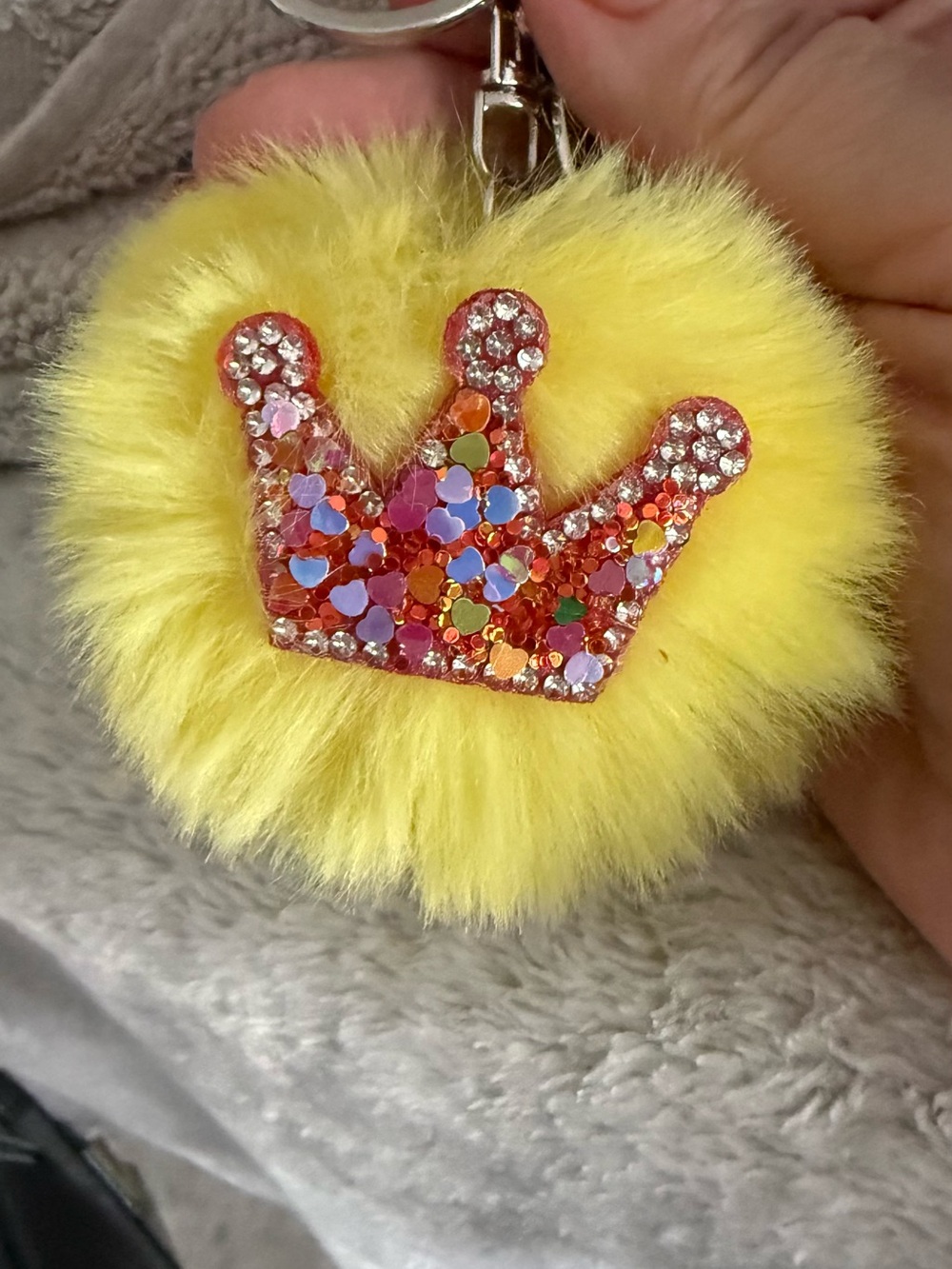 Fuzzy Red Strawberry Heart Keychain, crown and green set of 3 key/bag charms - Picture 2 of 3